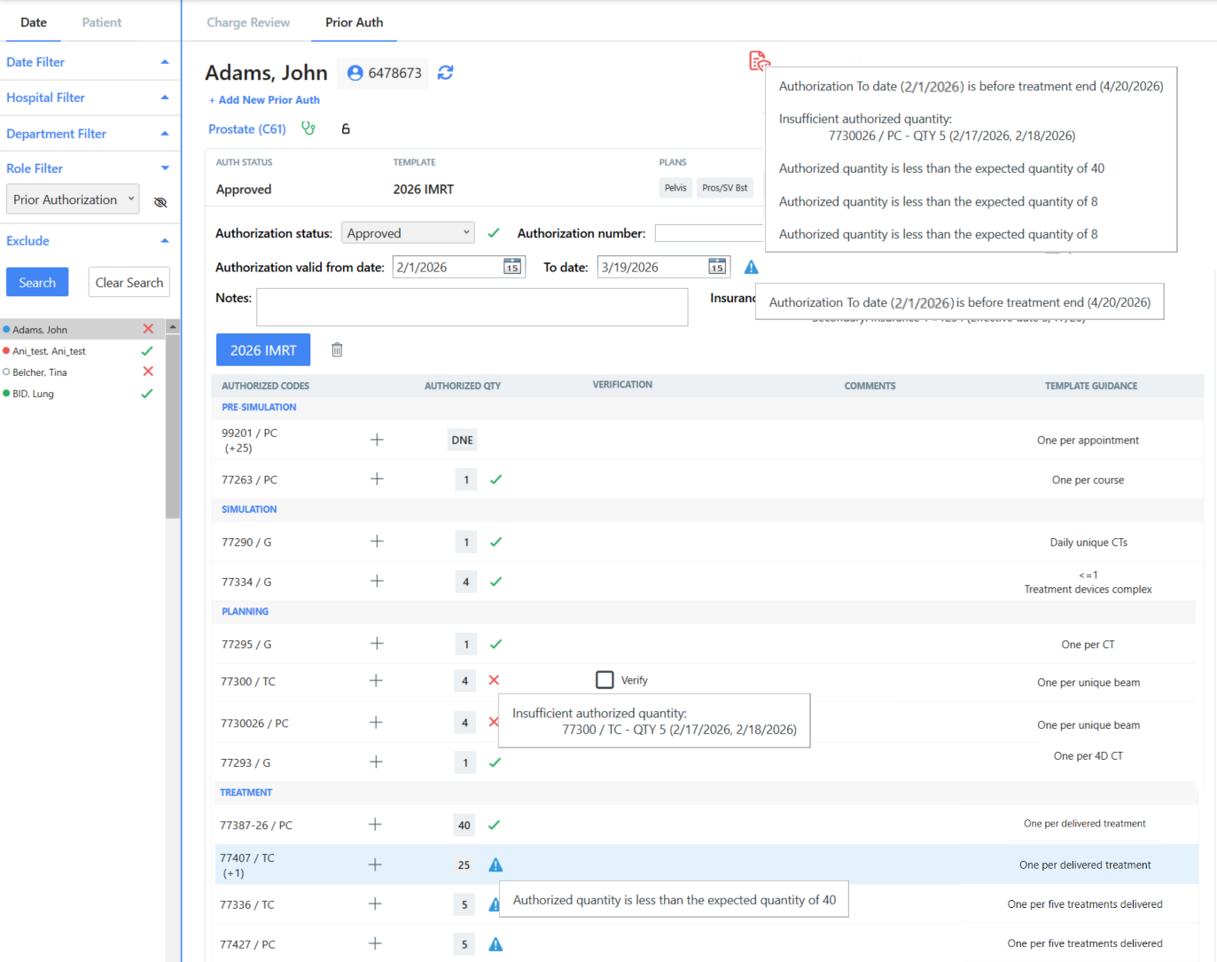 Prior Authorization interface in Quickcode