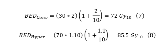 Bed(Conv)=(30*2)(1+2/10)=72 Gy(10) & Bed(Hyper) = (70*1.10)(1+1.1/10)=85.5 Gy(10)